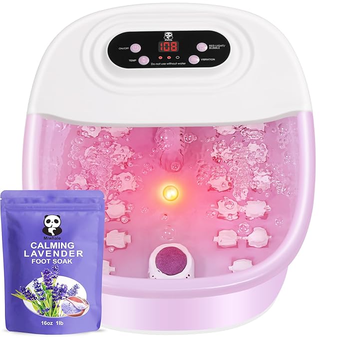 Foot Spa Bath Massager with Heat Bubbles and Vibration Massage and Jets, 16 OZ Calming Lavender Foot Soak Epsom Salt, Miwhale Foot Soaker with Red Light, 22 Massage Rollers, Adjustable Temp - Pink
