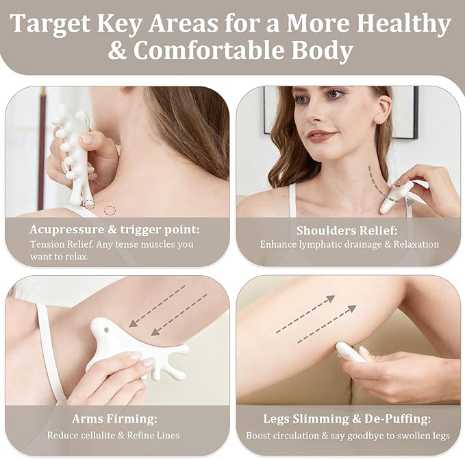 6-in-1 Ceramic Gua Sha Tool for Body & Face, Lymphatic Drainage, Trigger Point, Face Sculpting, Whole Body Relaxation & Stress Relief at Home, Portable Self-care Gifts for Women with Cellulite