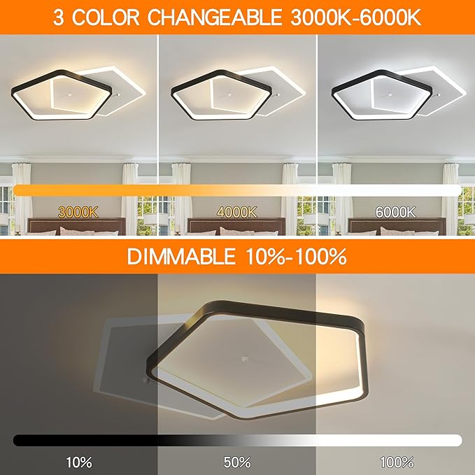 Shine LUEST Modern LED Ceiling Light Fixture Dimmable Black Flush Mount Ceiling Light 20.08" Bedroom Ceiling Lamp with Remote Control Pentagonal Ceiling Light for Kitchen,Entryway,Balcony,Wardrobe