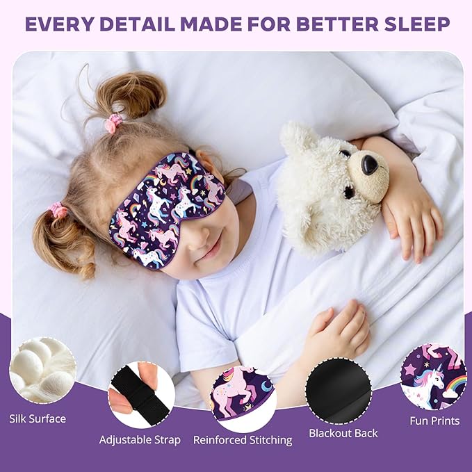 Kids Silk Sleep Mask: 100% Mulberry Silk Eye Mask with Adjustable Strap, Soft Blackout Boys Girls Sleeping Mask, Cute Printed Blindfold for Travel/School/Bed, Gift for Ages 5–15 (Purple Horse Style)