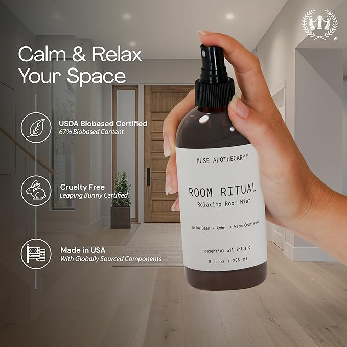 Muse Apothecary Room Ritual - Aromatic and Relaxing Room Mist, Infused with Natural Essential Oils - 8oz, Tonka Bean + Amber + Warm Cedarwood