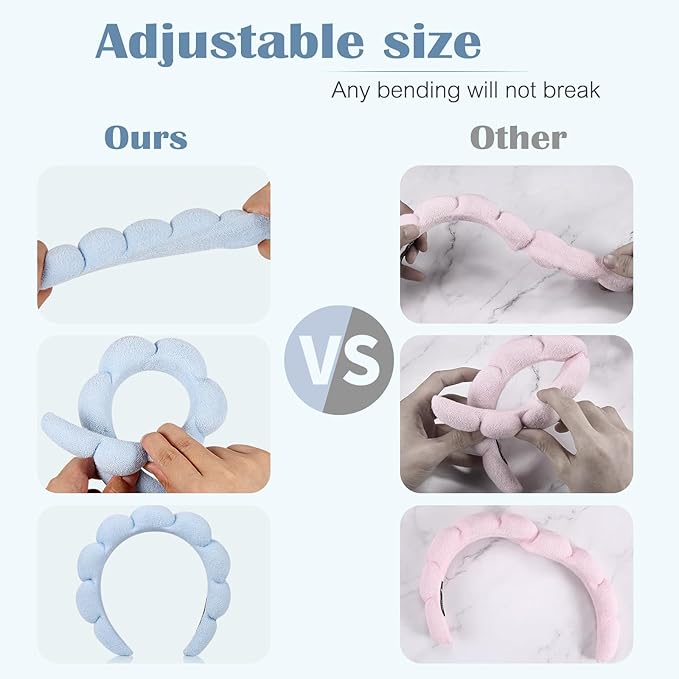 Ztomine Spa Terry Cloth Headband Combo Pack - 2 Puffy Makeup Facial Headbands for Face Washing and Masks (Beige + Blue)