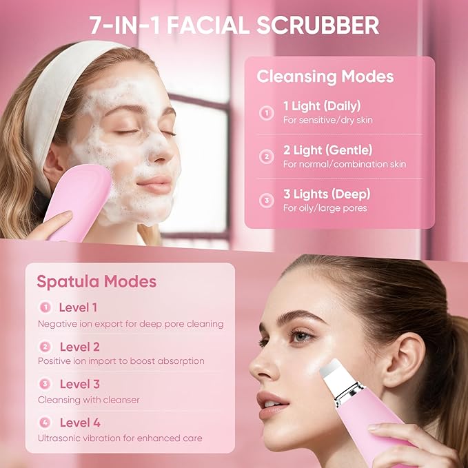 Silicone Face Scrubber Blackhead Scraper Rechargeable 2-in-1 Facial Cleansing Brush & Skin Spatula Duo, IPX7 Waterproof Exfoliating Massager Deep Cleansing for Women and Men(Light Pink)