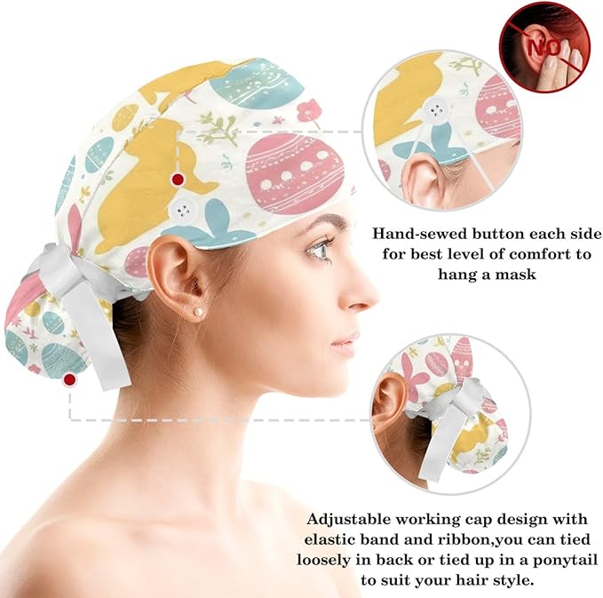 Scrub Caps Women Ponytail Cute Pink and White Leaves Caps Bouffant Working Hat Elastic Tie Back Hats with Button