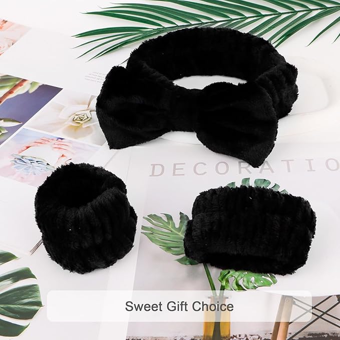 CIEHER 12 PCS Black Makeup Headband for Women Wrist Washband Scrunchies Cuffs for Washing Face, Soft Bow Hair Band Matching Wristbands, Spa Headband Coral Fleece