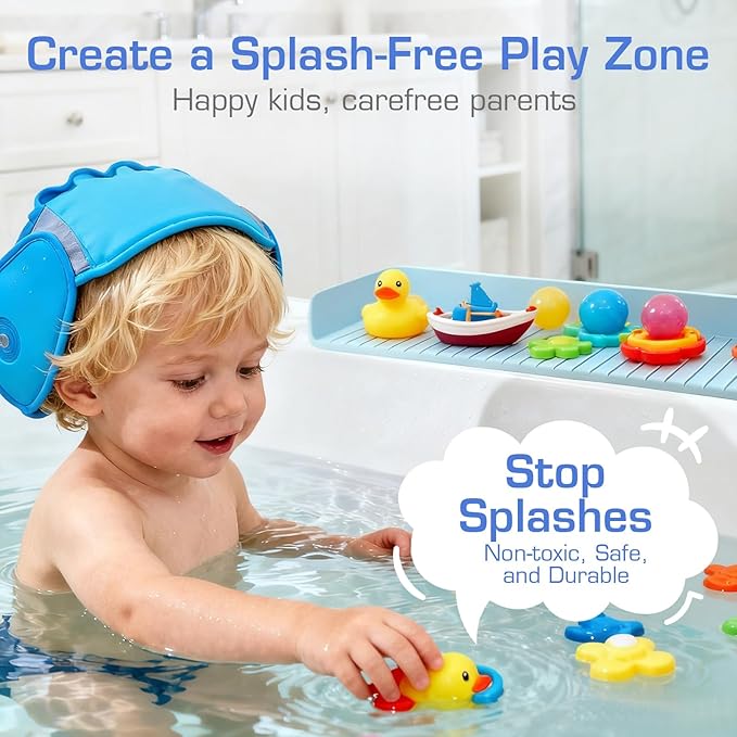 31.5" Bathtub Splash Guard for Kids & Toddlers - Silicone Play Shelf & Toy Storage Tray with Strong Suction Cups to Prevent Water Spills, No-Leak Fun Bath Time - Tub Toy Holder Ledge,Blue