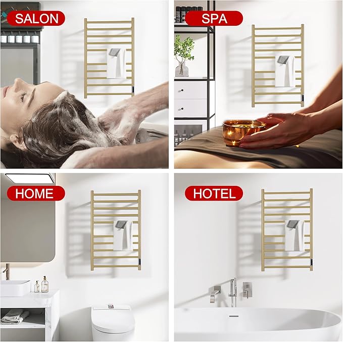Heated Towel Racks for Bathroom, Wall Mounted Electric Towel Warmer Racks with Timer & Temperature Control, 10 Bar Stainless Steel Towel Heater for Bathroom (Round-Brushed Gold, 10 Bars)