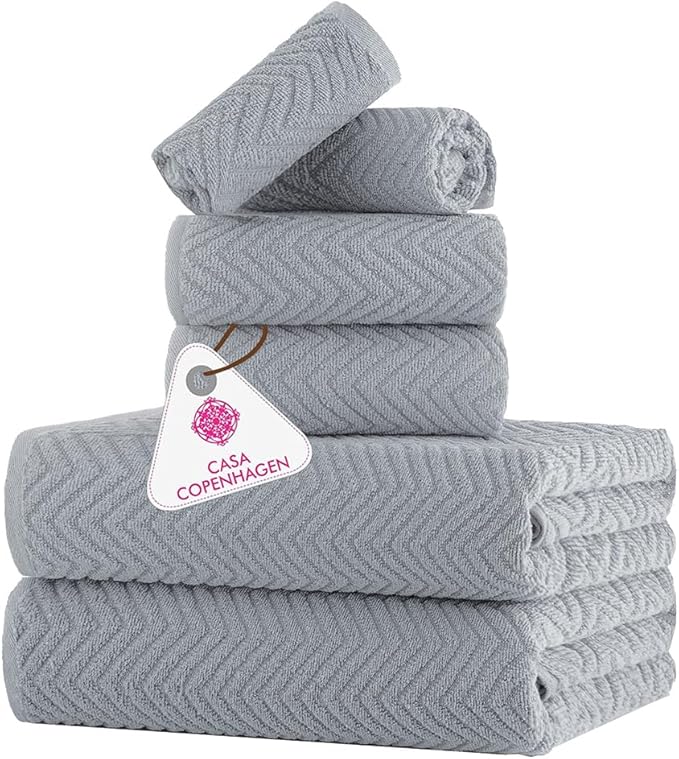 CASA COPENHAGEN Wave Textured 6 Piece Towel Set- Grey Violet, 550 GSM 2 Bath Towel 2 Hand Towel 2 Washcloth, Rough & Tough Use Cotton Towels Gift Set for Bathroom