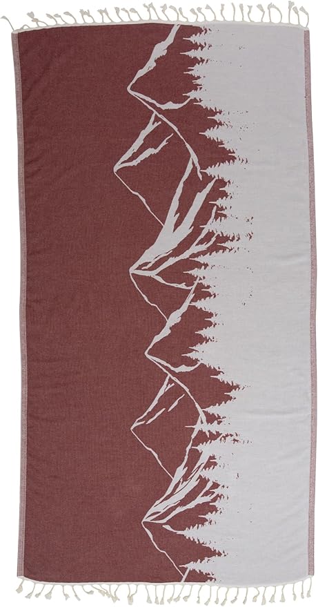 InfuseZen Turkish Towel with Mountain Landscape – 100% Organic Turkish Cotton - Sand Free Quick Dry Beach Peshtemal – Thin Reversible Absorbent Pool Hammam – Plus Size Gym, Travel Fouta (Burgundy)