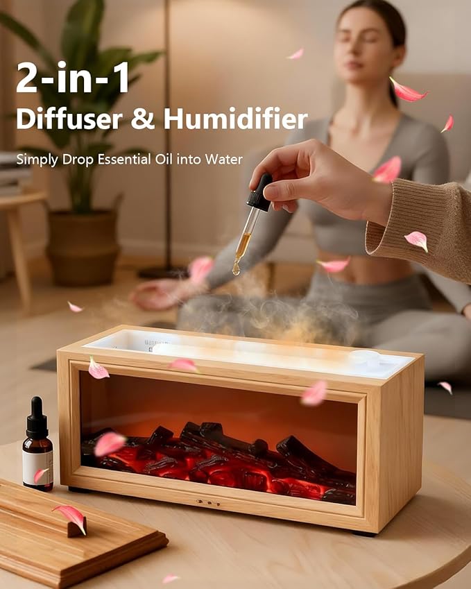 Essential Oil Diffuser, 7-Color Fireplace Fire Flame Aromatherapy Humidifier, 280ml Ultrasonic Aroma Diffuser Cozy Gift with Time Sets and Remote Control for Bedroom Home Yoga Office