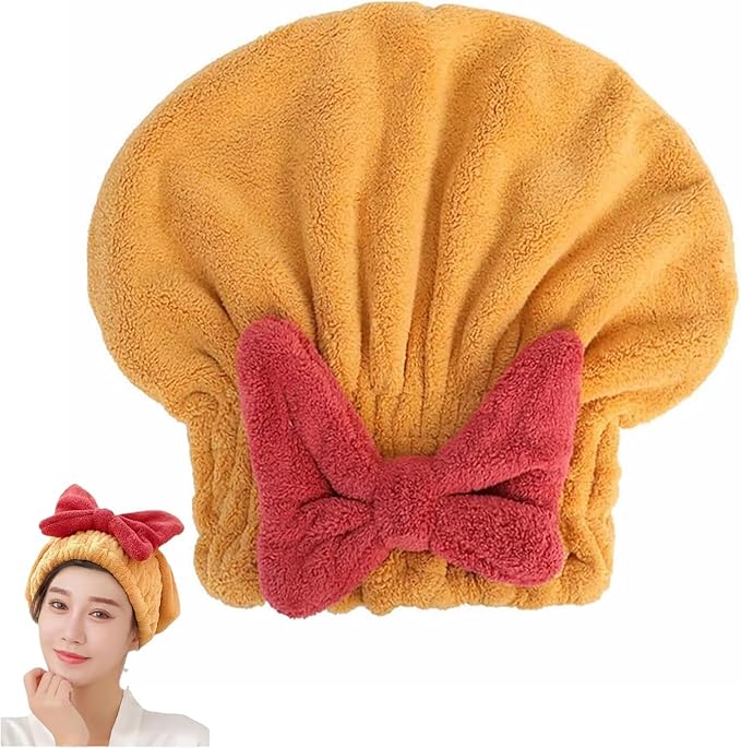 Microfiber Hair Drying Cap,Ultra Absorbent Hair Towel Wrap Turban for Girls Women Soft Quick Dry Hair Towels with Bow Tie Shower Cap for Kids (Yellow)