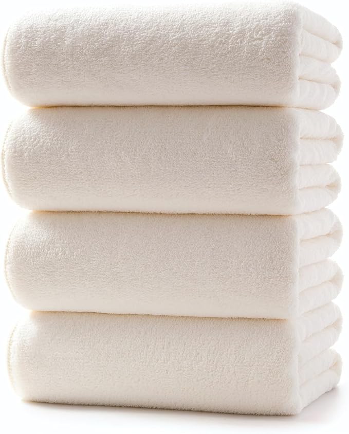 Lumimi Towels 4 Pack Soft Microfiber Bath Towel Set Salon Gym Yoga Travel Very Absorbent Light Quick Dry and Durable, 55" L x 27" W, 4 Piece Cream White