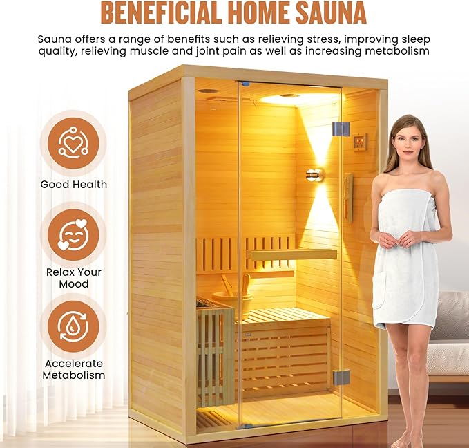 OUTEXER Traditional Steam Sauna Home Spa Room for 2-3 Person Steam Wet Indoor Saunas with 240V 3KW Heater,Sauna Stone, Water Bucket, Ladle, LED Lights