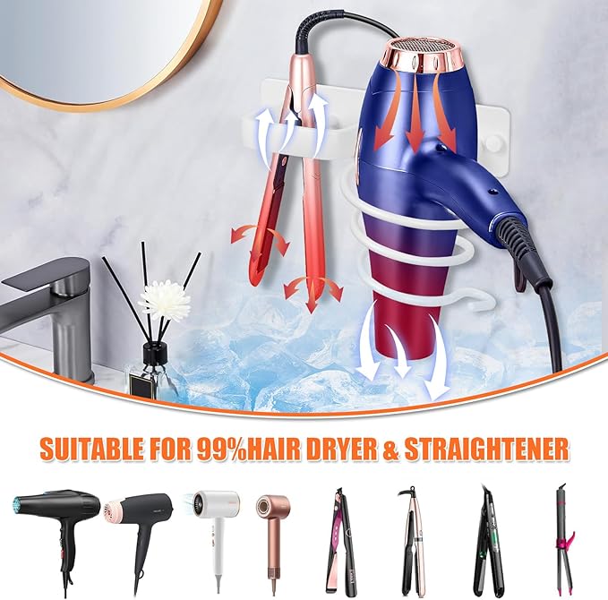 YUET Hair Dryer Holder Hairdryer Station Wall Mounted Shelf Bracket Straightener Stand Hanger Organizer Blow Storage with Cable Tidy Rack for Dressing Table Bathroom Aluminum Professional, White