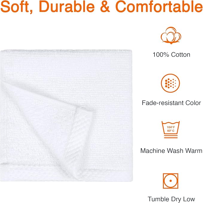 Amazon Basics Cotton Washcloths, Lightweight Quick-Dry, Absorbent Face and Body Towel Set, 12" x 12", White, 12-Pack