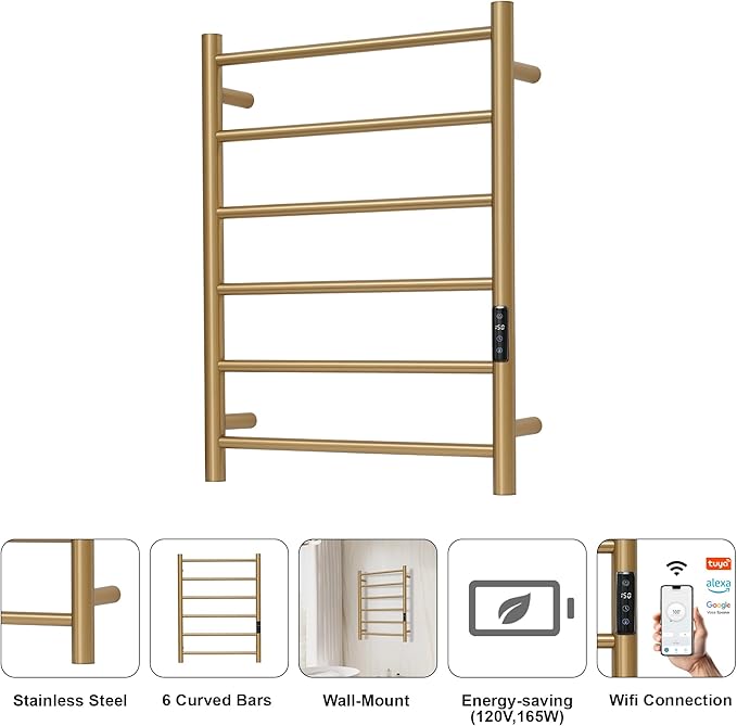 Electric Towel Rack with Voice Control for Alexa & Google Home,TUYA-Wall-Mounted Bathroom Heating Towel Warmer,Plug-in,26.77x20.47x4.39in,Stainless Steel Material,Gold，6 Bars