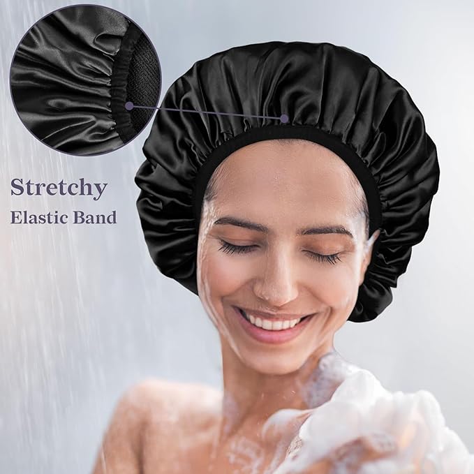 Three-Layer Terry Cloth Lined Satin Shower Cap, with Silk Hair Ties, Microfiber Waterproof Reusable Large Size Shower Cap for Women Long Thick Hair (Black)