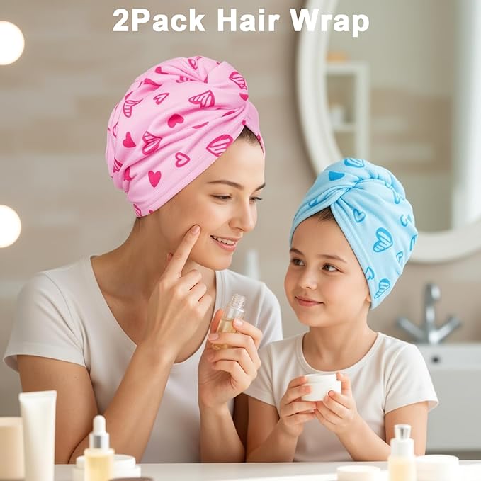 Unicorn Castle Microfiber Hair Towel for Kids 2Pack Hair Wrap Towels Absorbent Hair Drying Towel Wrap Hair Turbans for Curly Thick Hair,Pink Blue Heart