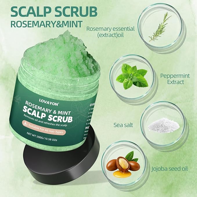 Rosemary Scalp Scrub & Exfoliator for Fuller Hair - Sea Salt & BHA Scalp Treatment with Silicone Massager Brush - Deep Cleanser for Oily Roots, 10.58oz