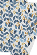 Blue and Gold Leave Branches Hand Towels for Bathroom Set of 2,Watercolor Navy Golden Leaf Decorative Bathroom Towels for Bath,Face,Hair,Soft Absorbent Dish Towels for Kitchen Decor 28"x14"
