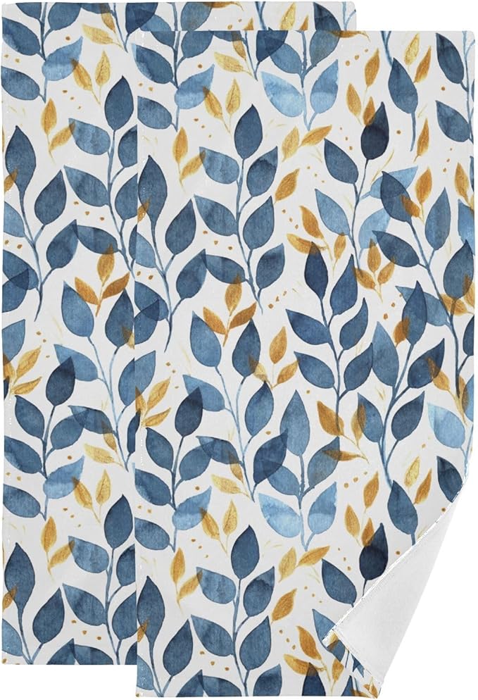 Blue and Gold Leave Branches Hand Towels for Bathroom Set of 2,Watercolor Navy Golden Leaf Decorative Bathroom Towels for Bath,Face,Hair,Soft Absorbent Dish Towels for Kitchen Decor 28"x14"
