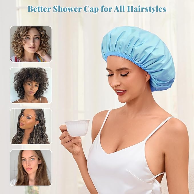Shower Cap for Women Waterproof Reusable, Large Shower Cap Non-Slip with Elastic Band, Washable Bath Hair Hat for Long Hair, Braids (Light Blue)