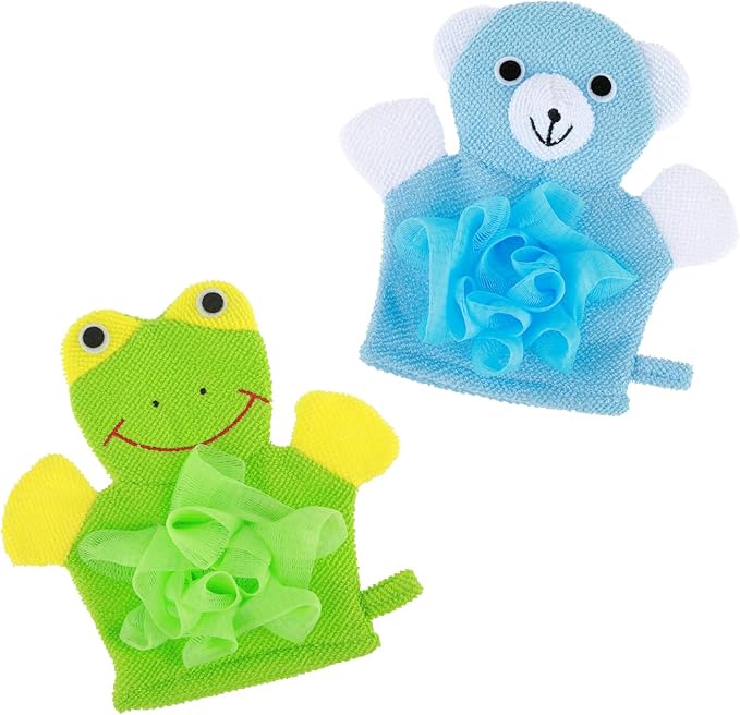 Bath Gloves Loofah for Kids, 2 Pcs Cute Animal Kids Sponges Shower Gloves Loofah Colorful Exfoliating Body Scrubber for Baby Gentle Soft and Easy to Lather (Blue Bear, Green Frog)