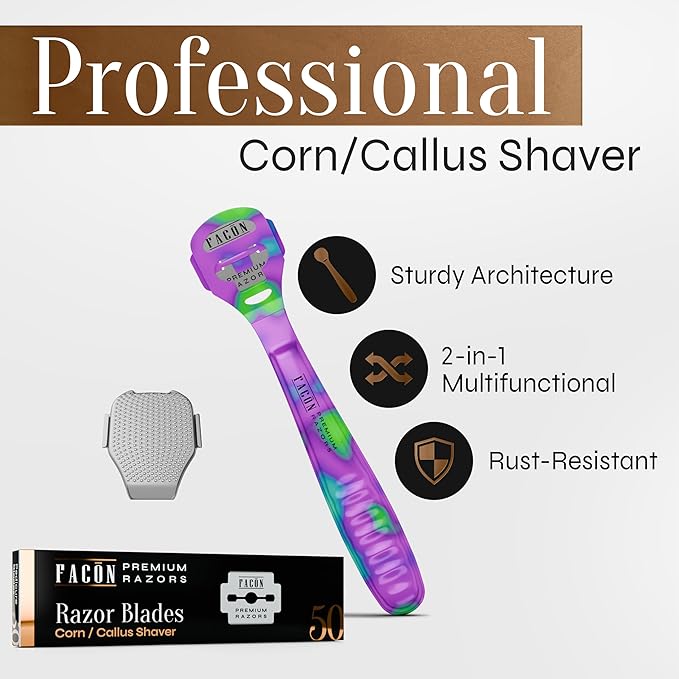 Facón Professional Callus Shaver Remover with 50 Blades, Pedicure Razor for Feet & Hands, Foot Razor for Callus Removal, Callus Blade Remover, Corn Shaver, Surgical Grade Premium Stainless Steel Tool