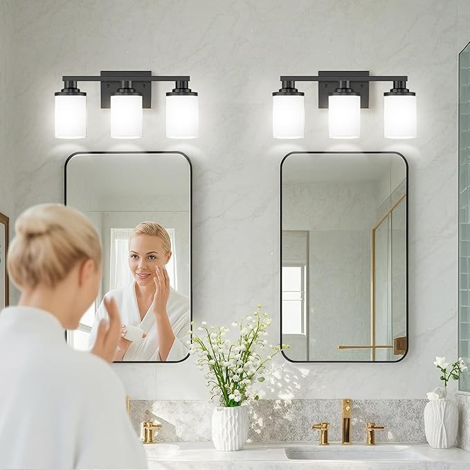 L LOHAS LED Black Bathroom Light Fixtures, 3-Light Vanity Light Over Mirror, Wall Sconces with Milky White Frosted Glass Shades, ETL Listed