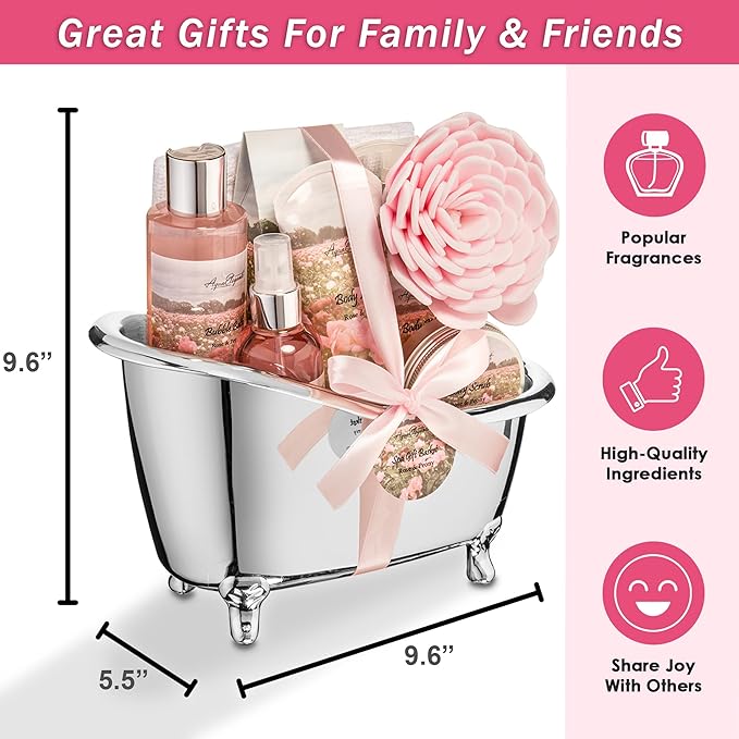 Aqua Elegante Spa Gift Basket - Luxury Bath Set with Body Wash, Bubble Bath, Lotion, Salts, Scrub, Spray, Shower Puff, Towel, Gifts for Women, Mom, Wife, Her - Rose Oil & Peony