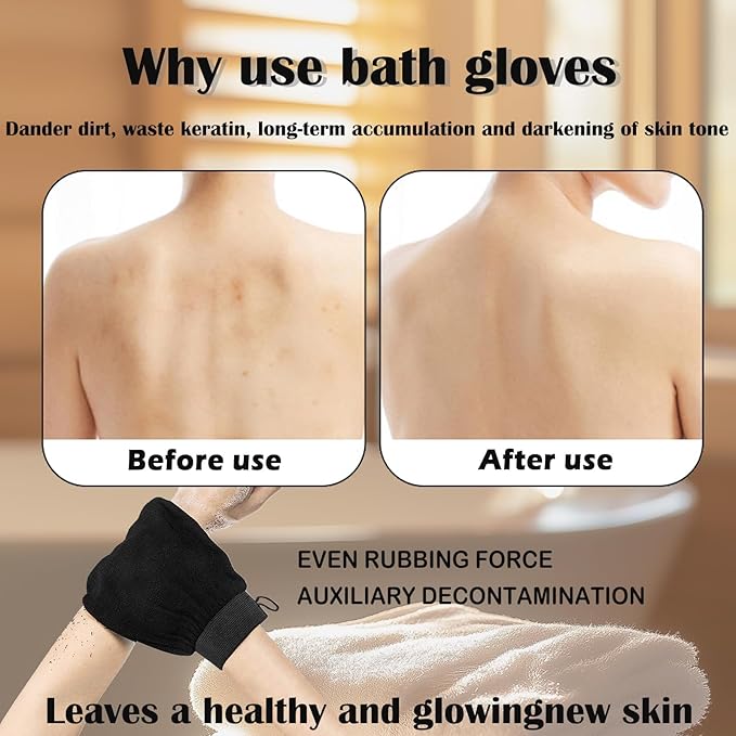1 Pair Exfoliating Glove, Scrubbies for Body, Body Exfoliator, Exfoliating Washcloth（Black+Black）