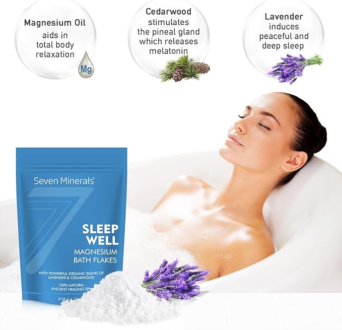 Seven Minerals SleepWell Magnesium Chloride Flakes 3lb – Absorbs Better Than Epsom Salt - Unique & Natural Full Bath Soak Formula for Healthy Relaxation - with Cedarwood & Lavender