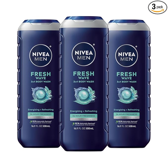 NIVEA MEN Fresh Wave Body Wash with Menthol, Refreshing Scent, 3-in-1 Men's Body Wash, Face and Hair, Paraben Free, Vegan Formula, 16.9 Fl Oz Bottle, Pack of 3