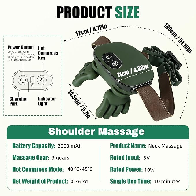 Shoulder & Neck Massager with Heat, 4D Kneading Neck Massager with Bionic Finger Design, Deep Tissue Massage to Relieve Muscle Tension, Home & Office Use (Green)