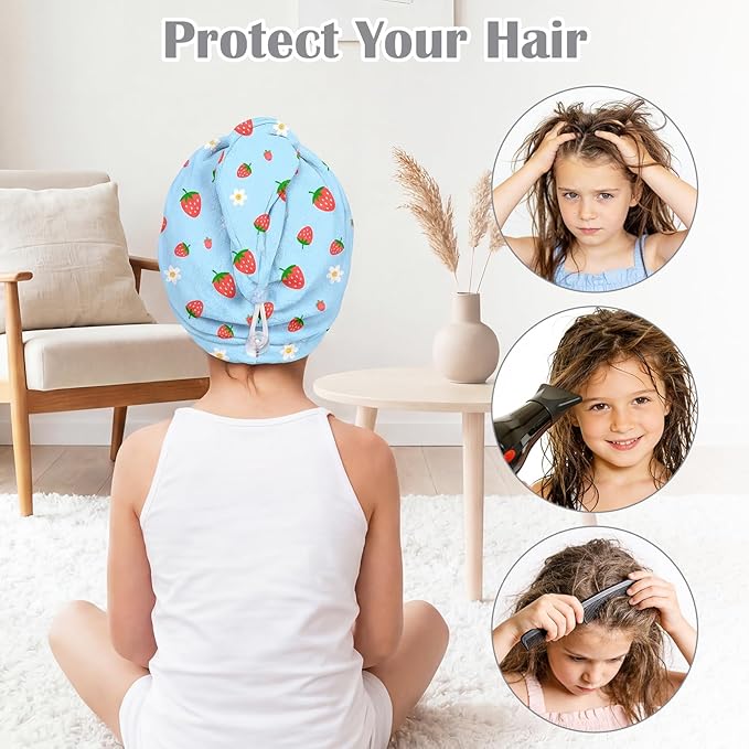 Microfiber Hair Towel Wrap for Kids 2 Pack Quick Drying Hair Towels with Button Hair Turbans for Wet Hair Absorbent Quick Dry Wraps Head Towel Wrap for Women and Girls, Pink Blue Strawberry