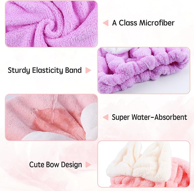 Microfiber Hair Drying Caps, 5-Pack Extra Soft and Ultra Absorbent Fast-Drying Hair Turban Wraps, Shower Caps for Girls and Women with Cute Bowtie Design（11" L x 10" W）