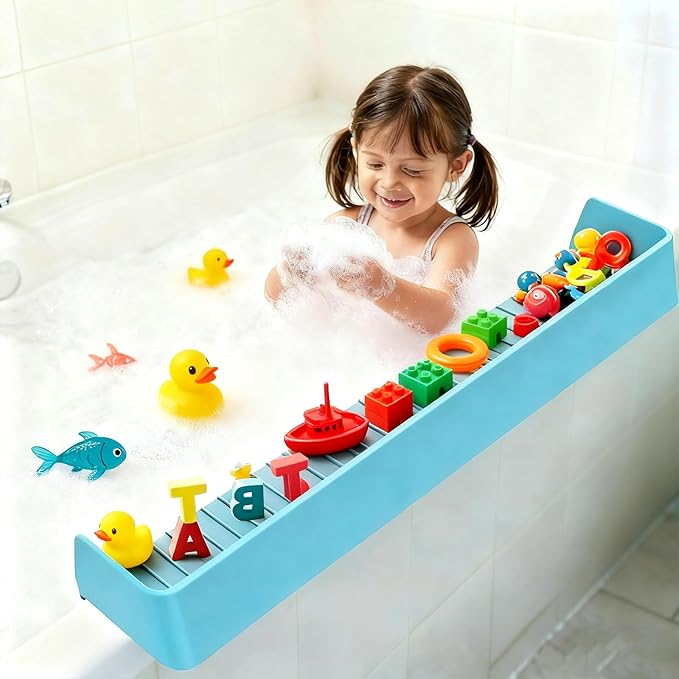 Bathtub Splash Guard for Kids,2.6 FT Silicone Bathtub Play Shelf with 11 Suction Cups, Bath Tub Ledge Shelf for Kids, Prevents Water Spills in Bathroom (Blue)