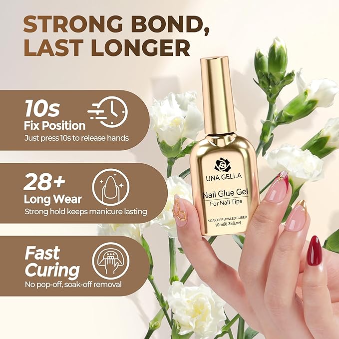UNA GELLA 9 in 1 Gel Nail Glue for Clear Acrylic Nails Tips 2Pcs 10ml Long Lasting Super Strong Brush on Nail Gel Glue for False Press on Nails Tips Base Blooming Gel, U V Light Required