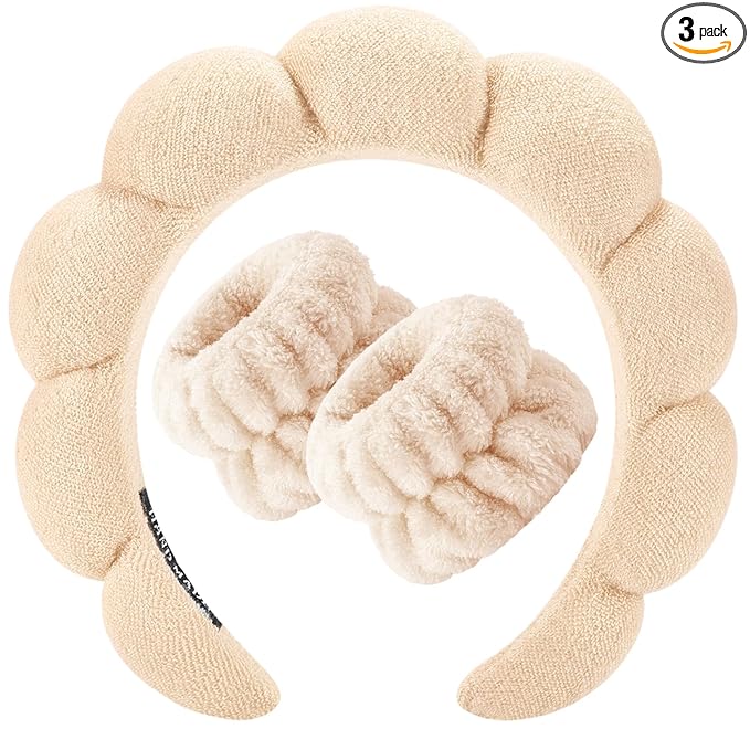 Zkptops Spa Headband for Women Sponge Makeup Skincare Headband Washing Face Wristband Set Terry Cloth Bubble Soft Get Ready Hairband Puffy Padded Headwear Non Slip Thick Hair Accessory(Beige)