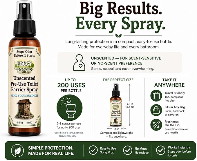 Unscented Pre-Poop Toilet Spray – Stops Odor Before It Starts, Bathroom Odor Eliminator for Toilet, 4 oz (200+ Uses) Travel, Home & Work