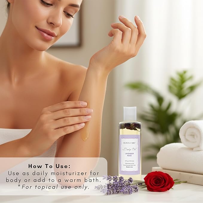 Olivia Care Body Oil Lavender Rose Vegan & Natural Perfume Oil For Women | Hydrating After Bath Oil- Infused with VITAMIN E, K & Omega Fatty Acids - Reduce Dry Skin, Anti-Aging (Lavender Rose)