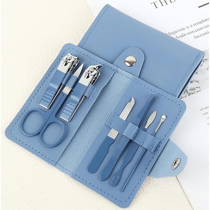 Manicure Set, 7 in 1 Professional Nail Clippers Scissors Pedicure Kit, Stainless Steel Nail Care Tools with Case, Portable Manicure Grooming Kit Christmas Stocking Stuffers Gift for Women (Blue)