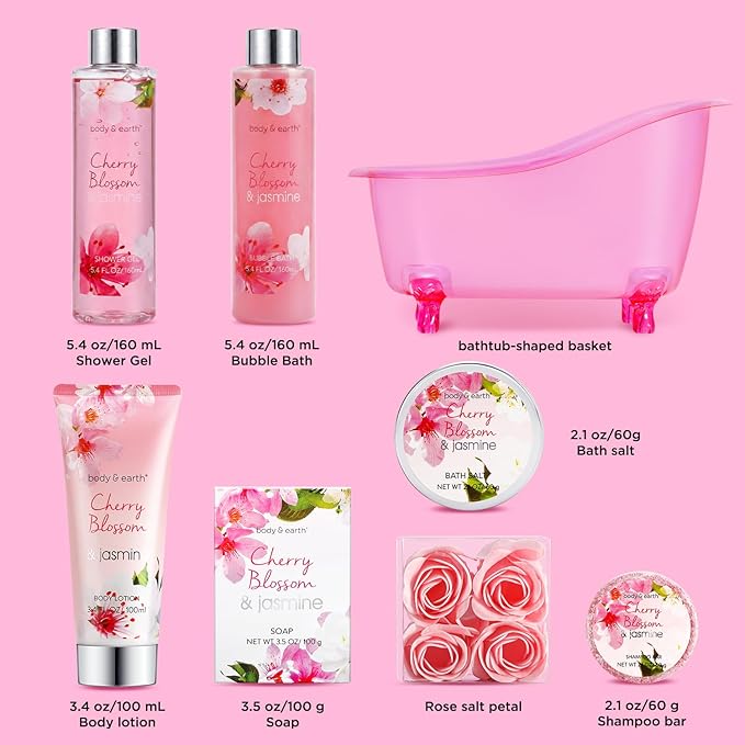 Body & Earth Spa Gifts for Women Self Care Kit - 8pcs Cherry Blossom & Jasmine Bath Sets for Women, Birthday, Mother's Day Gift Baskets for Mother, Wife, Girlfriends