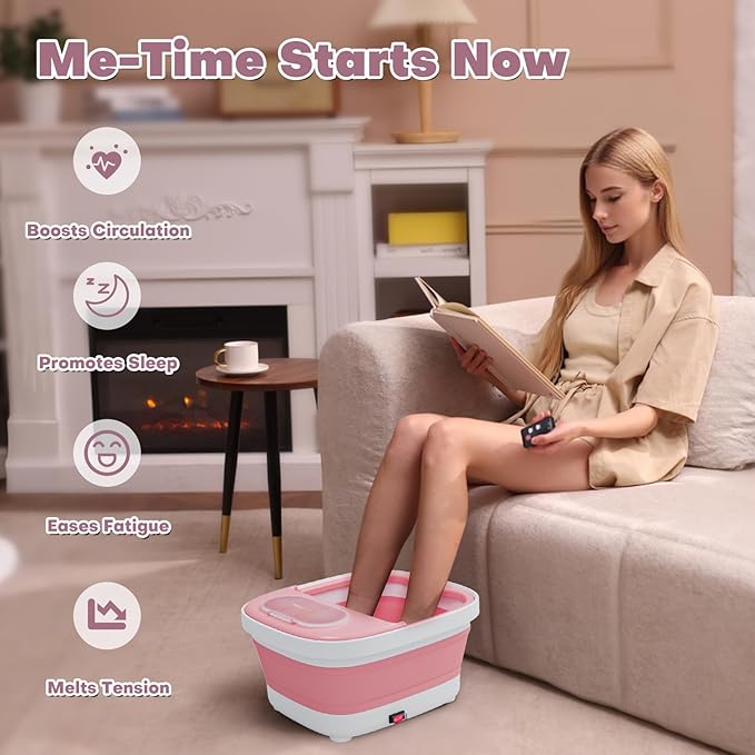 Collapsible Foot Spa Bath Massager with Heat, Remote, Temperature Control, Timer, Foot Soaking Tub with Pedicure Kit & 3 Attachments, Pedicure Foot Spa for After Work Relaxation (Pink)