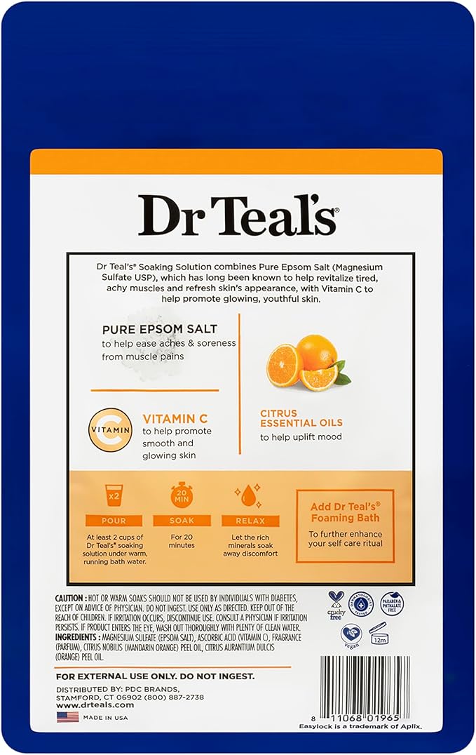 Dr Teal's Salt Soak with Pure Epsom Salt, Glow & Radiance with Vitamin C & Citrus Essential Oils, 3 lbs (Pack of 2)