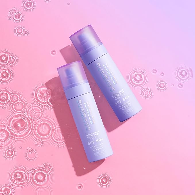 Naked Sundays SPF 50 Hydrating Glow Face Mist - Daily Sunscreen Spray & Makeup Setting Spray with Hyaluronic Acid, Lightweight, Non-Greasy & Hydrating, 2-Pack 75ml