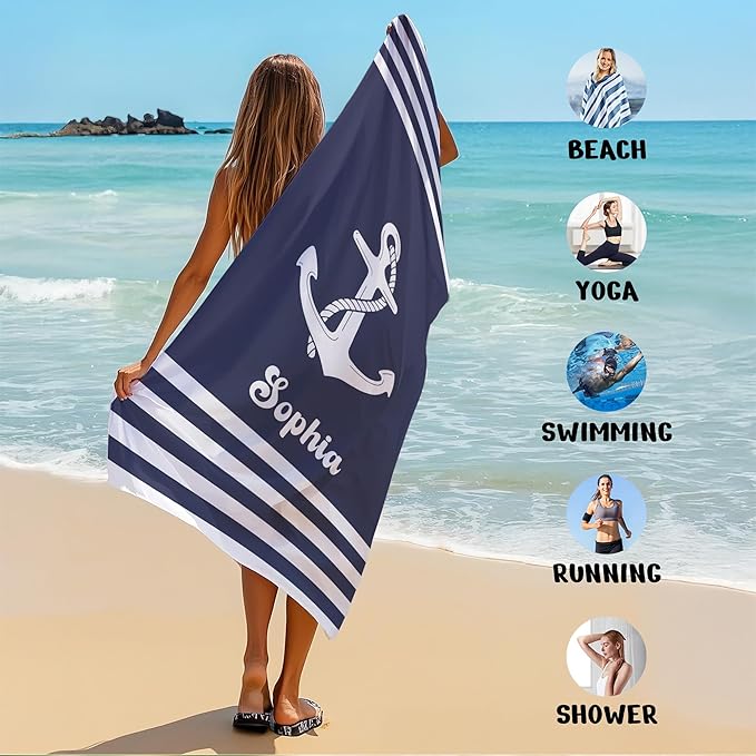 JML Personalized Beach Towel with Name, Custom Anchor Beach Towel, Customized Microfiber Pool Towel, Quick Dry & Absorbent Swim Towel for Adult,Anniversary, Birthday, Summer Holiday,Vacation