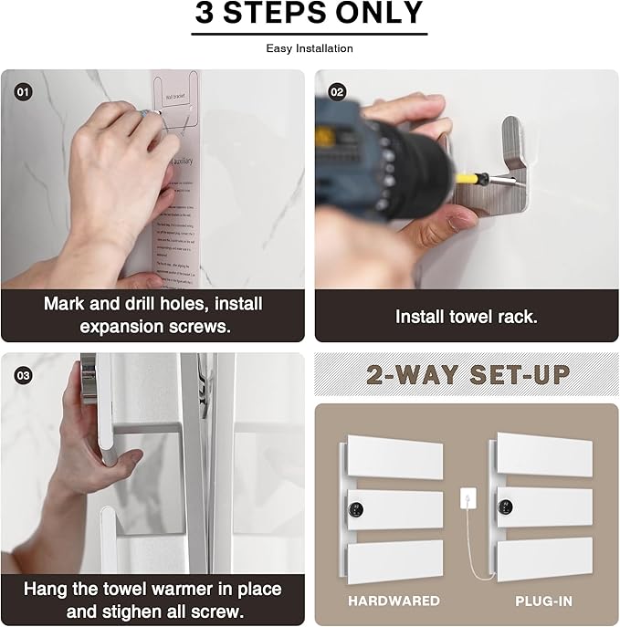K&KALONZO Electric Towel Warmer, 18.35" W x 22.8" H Wall-Mounted Towel Heater with Built-in Timer, Waterproof Aluminum Towel Warmer for Bathroom, Support Plug-in and Hardwired, White, K3-L-W