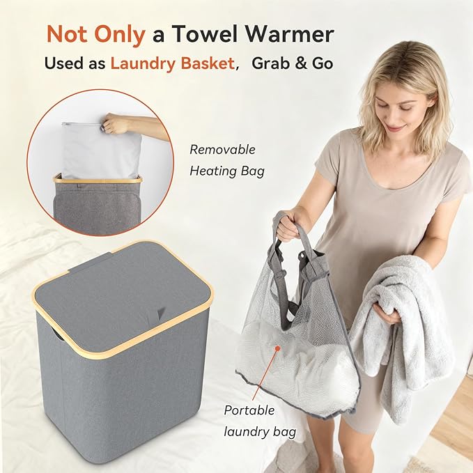 Towel Warmer & Laundry Basket 2-in-1, Foldable Towel Warmer for Bathroom with Removable Heating Bag, 20/40/60Mins Fast Heating, Auto Shut-Off, Fits 3 Large Towels Blankets, Ideal Xmas Gift