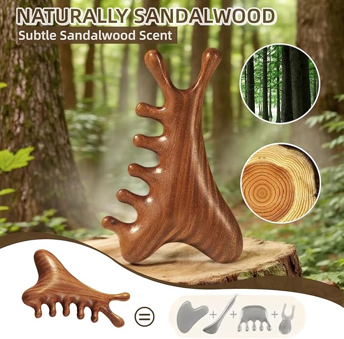 4-in-1 Sandalwood Gua Sha Tool - Valentines Day Gifts for Women, Mom, Wife, Girlfriend | Wooden Scalp & Face Massager for Lymphatic Drainage, Stress Relief | in Floral Gift Box